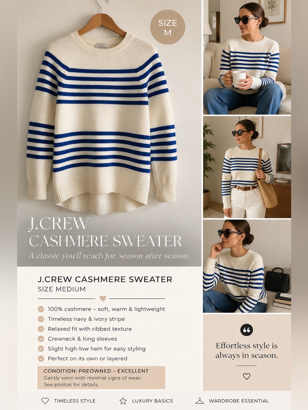 J. Crew Ivory and Navy Striped Cashmere Sweater